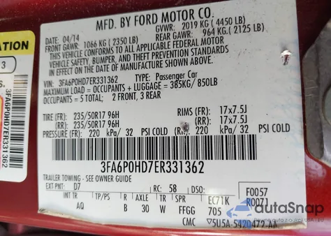 2014 Ford Fusion Se из США, поврежденный, VIN 3FA6P0HD7ER331362